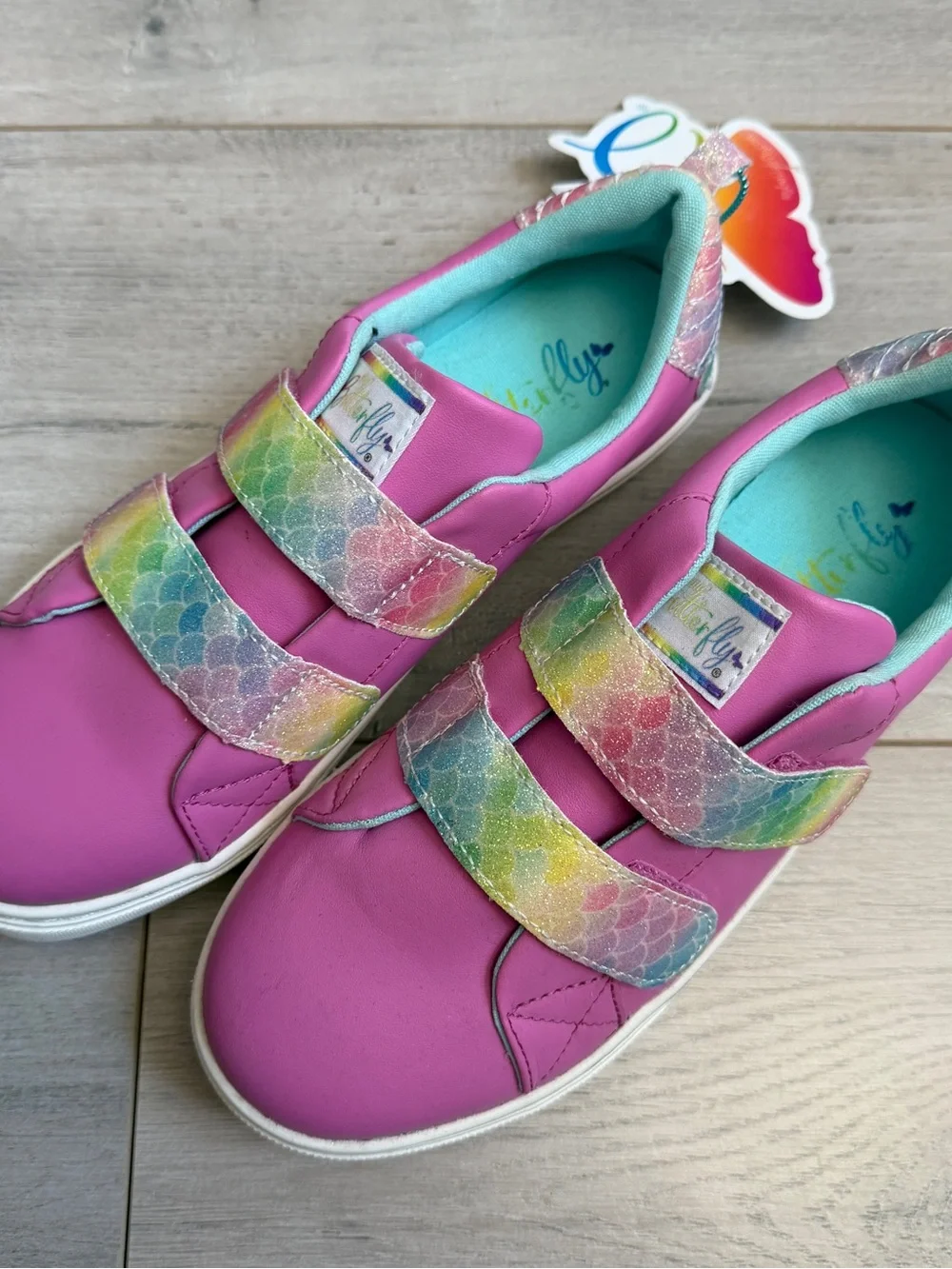Butterfly Girls' Pink Sneakers with Rainbow Strap and Side Stripe